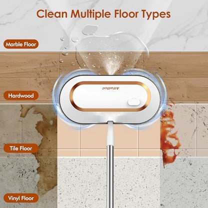 AlfaBot Cordless Electric Mop for Floor Cleaning, Dual Spin with LED Headlight, Water Spray, Long-Lasting Battery, Self-Propelled Floor Cleaner with Adjustable Tube for All Floors
