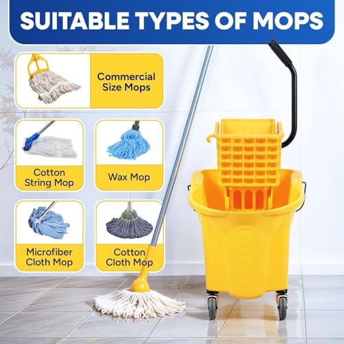 Plexon Commercial Mop Bucket with Wringer on Wheels - 26 Quart, Yellow - Heavy Duty Industrial Mop Bucket and Wringer, Side-Press Bucket with Wringer Set for Home Office Restaurant Business
