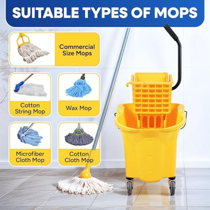 Plexon Commercial Mop Bucket with Wringer on Wheels - 26 Quart, Yellow - Heavy Duty Industrial Mop Bucket and Wringer, Side-Press Bucket with Wringer Set for Home Office Restaurant Business