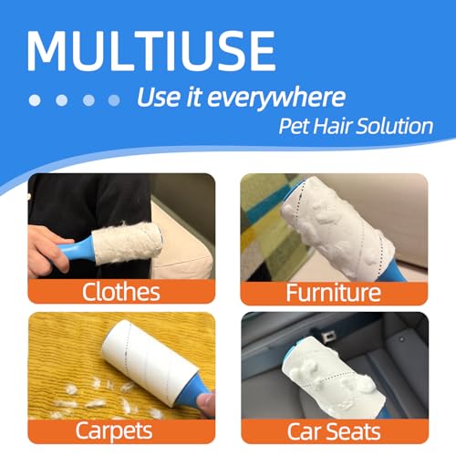Extra Sticky Pet Hair Remover Lint Roller, 4 Refills (360 Sheets) + 2 Handles, Easy Tear No Residue for Clothes, Couch, Furniture and Car Seats
