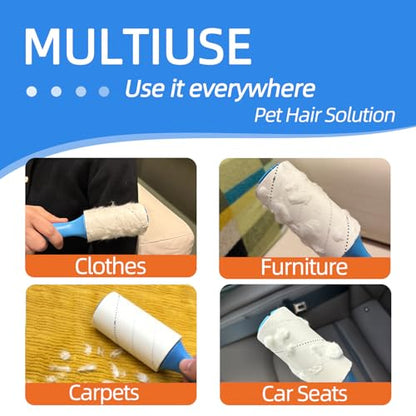 Extra Sticky Pet Hair Remover Lint Roller, 4 Refills (360 Sheets) + 2 Handles, Easy Tear No Residue for Clothes, Couch, Furniture and Car Seats