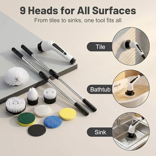 Versatile Ditch The Scrubbing! Long Handle Shower Scrubber Comes with 9 Replaceable Heads & Efficient 2 Speed Cordless Brush for Maximum Effect Long Battery Life!