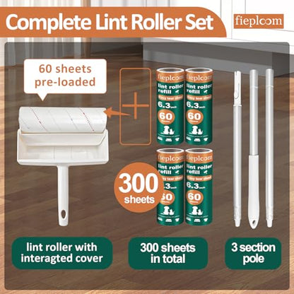 Large Lint Roller for Pet Hair - Extra Sticky with Marked Easy Peel Sheets, 45" Long Handle & 6.3" Wide Roller, 5 Refills (300 Sheets), Lint Remover for Floor Carpet Furniture Couch Clothes