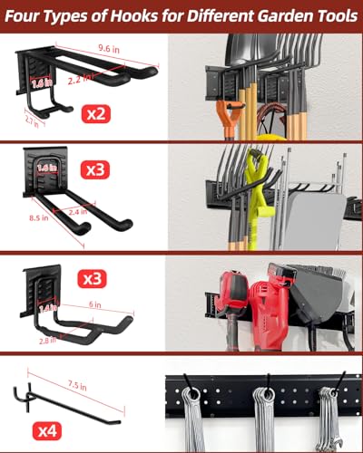 64-Inch Garage Storage Tool Organizer Wall Mount, Heavy Duty Garage Organization Metal Rack with 12 Hooks, Garden Tool Hanger Holder for Broom, Shovels, Ladders, Lawn Tools - size: 64" 4 Panels & 12 Hooks