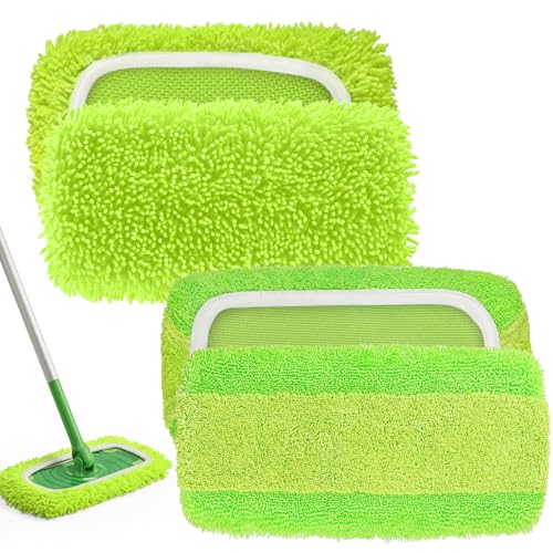 2-in-1 Reusable Microfiber Mop Pads Compatible with Swiffer Sweeper for Wet Mopping & Dry Sweeping, Two Types of Washable Heavy-Duty Mop Pad Refills for Multiple Floor Types Cleaning - 4Pcs, Green