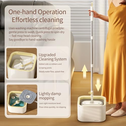 Mrbin Spin Mop for Floor Cleaning and Bucket Set, 2 in 1 Quick Dry Wet Flat Swivel Trapeador Hands Free with Washable Microfiber Pads, Refillable Tank for Hardwood, Laminate, Tile, Vinyl, Cream White