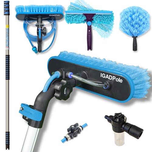 IGADPole 17 FT Water-Fed Washing Kit with Soap-Dispenser, Brush, 10″ Squeegee & Cobweb Duster for Windows, Gutters, Solar Panels & Exterior Walls - size: 17 ft Pole