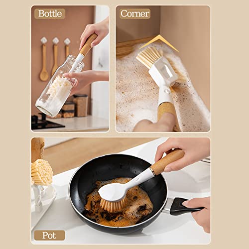 4-in-1 Kitchen Dish Brush Set,Bamboo Handle Crevice Brush with Storage Holder,Interchangeable Brush Heads,and Cleaning Tools for Bottles,Dishes,and Corners