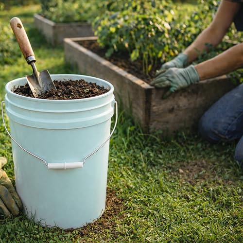 MKS Plastics 5-Gallon Gardening & DIY Bucket – Heavy Duty Garden Utility Pail, Food Grade BPA-Free Plastic, Metal Handle with Grip, Stackable, Made in USA – Natural (Blue Tint), 1 Pack