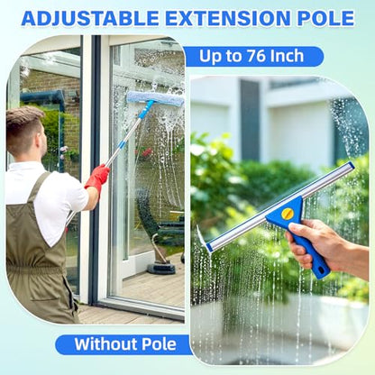 Window Cleaning Kit with 3 Gal Bucket - 14'' Window Squeegee&15'' Scrubber&76'' Long Handle Window Cleaner Tool, Professional Windows Washing Equipment for Home, Commercial Use, Outdoor, Car