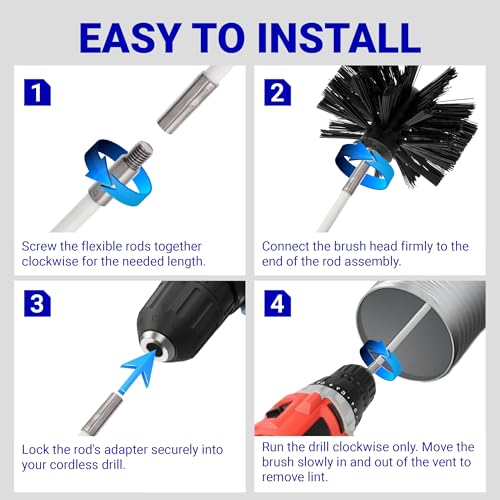 Upgraded 60-Feet Dryer Vent Cleaner Kit with Drill Attachment - Flexible Lint Remover Brush, Extends Up to 60 ft, Works with or Without Power Drill