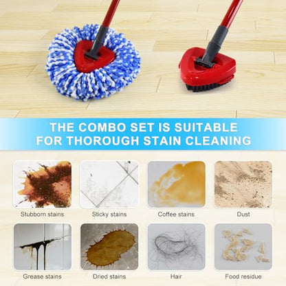 Mop Handle Mop Replace Heads and Mop Base Brush Replacement for O Cedar EasyWring 2-Tank System Include 3 Spin Mop Replacement Head, 4-Section Mop Handles, 1 Base and 1 Scrub Brush Combo - color: 3 Blue Mop Heads + 1 Set Mop Handle ( 2 Tank )