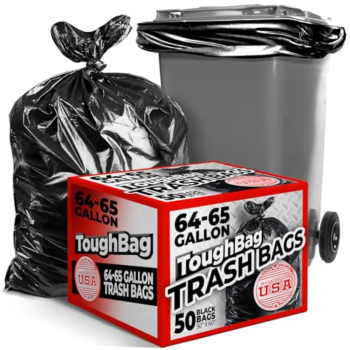 ToughBag 65 Gallon Commercial Trash Bags, 50x48” Black Outdoor Garbage Bags, Heavy Duty (50 Count) – For Custodians, Landscapers, and Contractors, Made in USA