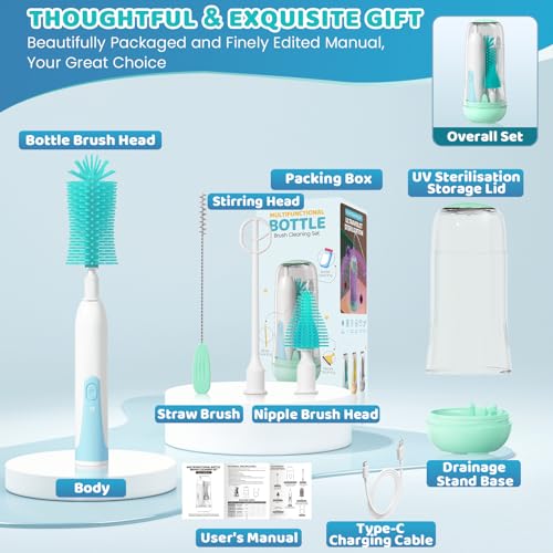 IvyWind Electric Travel Baby Bottle Brush Set with Storage Box, Automatic Bottle Cleaner Brush Kit with Silicone Bottle/Nipple/Straw Brush, Milk Frother Electric and Drainage Rack, Rechargeable, Green - color: Green