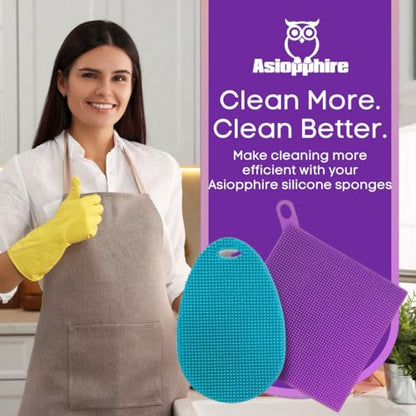 Silicone Dish Sponge Dish Scrubber (Oval and Square) - Dual-Sided, Food Grade Silicone Sponges for Dishes and Housecleaning 2-Pack - color: 2 Pack Teal + Purple