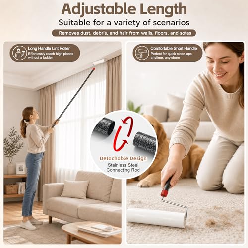 Pet Hair Lint Roller, Extra Sticky – 9.45" Wide Large Roller with 240 Adhesive Sheets, 51" Long Handle Sticky Mop for Carpet, Floor, Couch, Bed Sheets – Home Cleaning