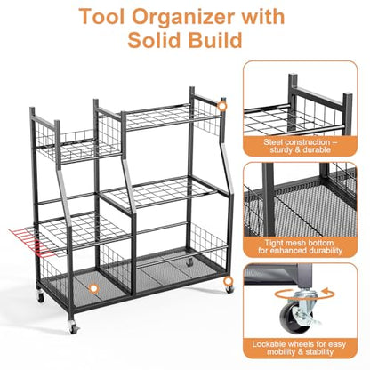 Garden Tool Organizer with Wheels for Garage, Freestanding Garage Tool Organizer, Yard Tool Holder, Garden Tool Cart for Long Handled Tools,Rakes, Brooms, Yard Storage Rack for Shed, Indoor, Outdoor