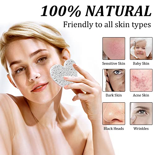 60-Count Kickleen Compressed Cellulose Heart Shape Facial Sponges | 100% Natural Cosmetic Spa Sponges for Facial Cleansing | Exfoliating | Makeup and Mask Removal | Reusable |Skin Massage (White) - color: White