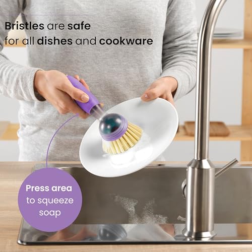 Vigar Rengo Dish Brush with Soap Dispenser - Dish Scrubber with Handle, Kitchen Scrub Brush for Dishes, Sink Cleaning Brush, Soap Dispensing Dish Wand with Nylon Bristles, Non Scratch - Purple - color: Purple
