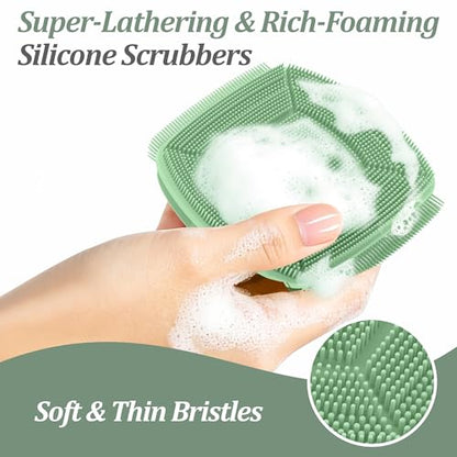 Silicone Back & Face Scrubber & Bath Glove Set 3PCS, 13.4'' Gentle Back Scrubber with Dual-Side Head, 360° Anti-Slip Bath Glove, Unique Side-bristled Face Scrubber for All-round Cleaning(Green) - color: Green*3