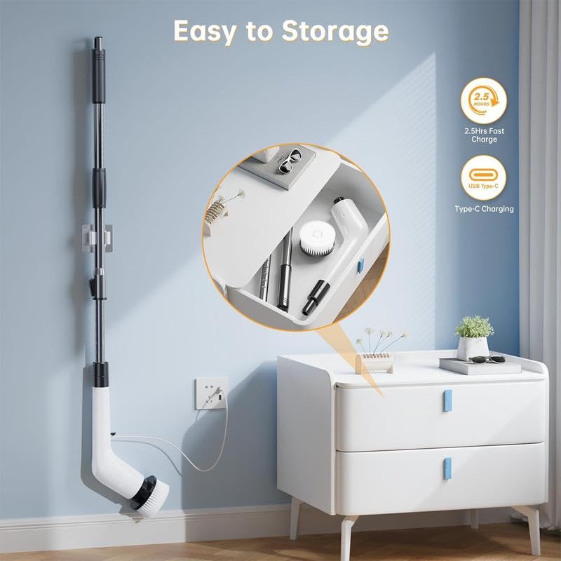 Electric Spin Scrubber Upgraded Cordless Shower Spin Scrubber Kit with 7 Replaceable Brush Heads 3 Adjustable Extension Handle Dual-Speed IPX7 Waterproof LED for Bathroom Kitchen Toilet Window Pool