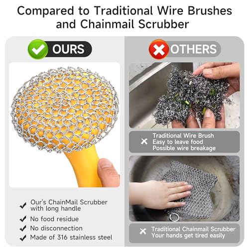 SUBEKYU Cast Iron Scrubber with Silicone Handle, Stainless Steel Skillet Cleaner for Cast Iron Pans (Yellow Scrubber + Scraper) - color: Yellow Scrubber + Scraper