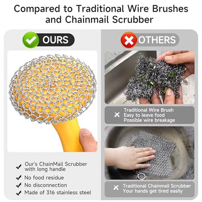 SUBEKYU Cast Iron Scrubber with Silicone Handle, Stainless Steel Skillet Cleaner for Cast Iron Pans (Yellow Scrubber + Scraper) - color: Yellow Scrubber + Scraper
