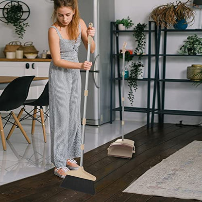 Broom and Dustpan Combo Set with Long Handle (54” L) Angle Broom Dust Pan for Home Kitchen Indoor Cleaning (Brown and Beige) - color: Brown and Grey