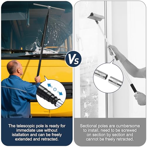 12-51’’ Telescopic Window Squeegee for High Windows, 2-in-1 Window Cleaning Kit with Extra Silicone Blade & Hook, Professional Squeegee for Shower Glass Doors (Window Squeegee Set)