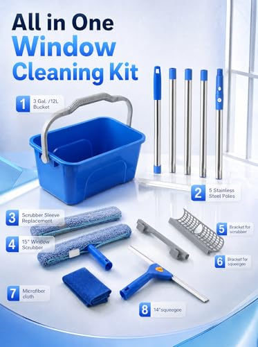 Window Cleaning Kit with Bucket, Window Squeegee and Microfiber Scrubber, 76-Inch Extension Pole Window Washer Set for Glass Doors, Shower Doors, Mirrors and Car Windows