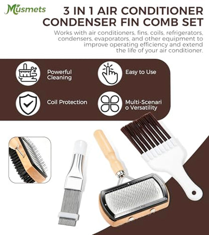 3PCS Air Conditioner Fin Comb Set, Double-Sided AC Coil Cleaning Brush, Metal Fin Comb & Mini Split Brush Kit Compatible with Refrigerator/Evaporator/Window AC Units