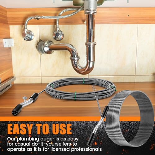 Threlaco 50 ft Drain Auger Plumbing Snake for Heavy Deep Blockages 1/4" Diameter Flexible Plumbing Cables Drain Snake for Kitchen Bathroom Shower Sink Cleaning Drainage Clogs - size: 50 Ft, 1/4" Diameter