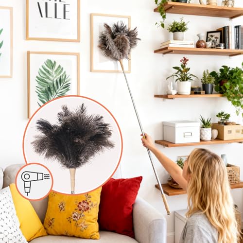 Extendable Ostrich Feather Duster, Natural Ostrich Feathers Long Handle Duster for Cleaning, 47” Soft & Fluffy Feather Duster for High Ceilings, Fans, Walls, Furniture, Home Dusting - color: Ivory B1