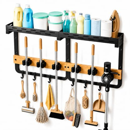 Broom Holder Wall Mount With Built-In Guardrail Shelf, Cleaning Supplies Organizer With 5 Mop Grippers, 6 Hooks And Vacuum Holder For Laundry Room Garage Pantry Kitchen