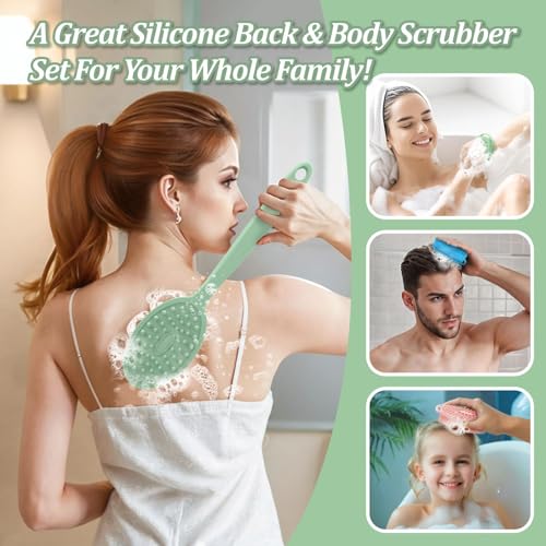 Silicone Back Scrubber & Bath Glove Set 2PCS, 13.4'' Gentle Shower Back Scrubber with Dual-Side Head Non-Slip Handle, 360° Anti-Slip Hand-fit Bath Glove for Rich Foaming Deep Cleaning(Green) - color: Green*2