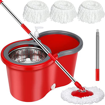 Spin Mop and Bucket with Wringer Set，Mop and Bucket Set for Floor Cleaning with 3 Mop Refills 61 inches Telescoping Rod for Office and Home use - color: Red