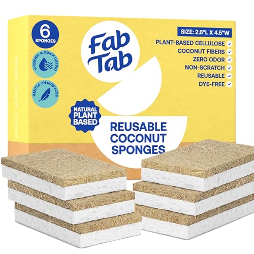 Fab Tab Coconut and Cellulose Sponges, Plant-Based, Non-Scratch Cleaning Sponges for Dishes, Sinks, Stoves, Countertops, Odorless Kitchen Sponge, Reusable, Dishwasher Safe 6-Count