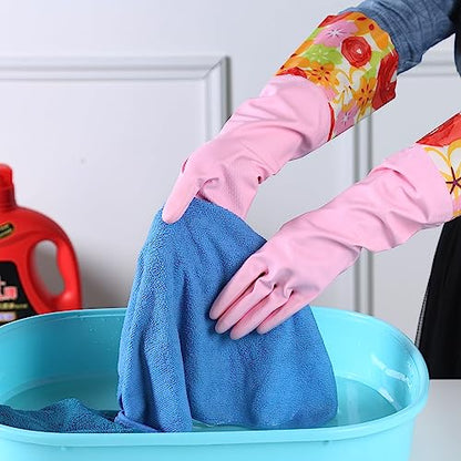 Bamllum 2 Pairs Rubber Cleaning Gloves, Household Kitchen Dishwashing Gloves with Cotton Flocked Liner, Long Cuff 16 Inches (Yellow+Pink, Small) - color: Yellow+pink, size: Small