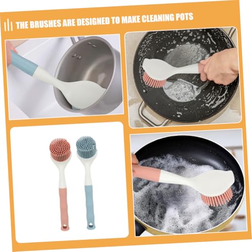 2Pcs Kitchen Dish Scrubber Brush Set Non-Scratch Silicone Pot Brush with Long Comfortable Handle for Effective Oil and Stain Removal on Pans and Dishes
