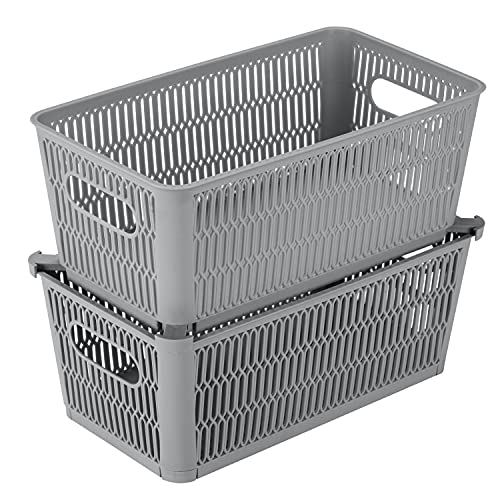 Simplify 2Pk Small Slide 2 Stack It Tote Basket | Storage & Organization | Open Bins with Stackable Capability | Bathroom | Crafts | Pantry | Playroom | Office | Grey - color: Gray, size: Small, style: 2 Pack