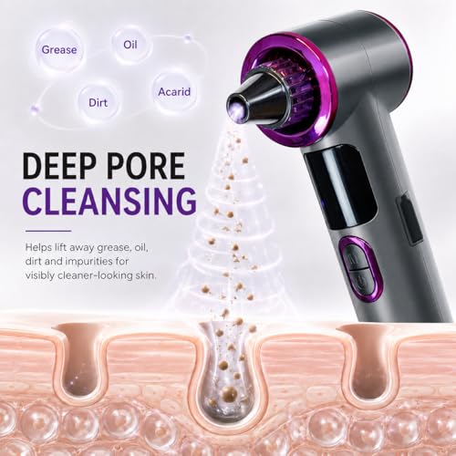 Heated Blackhead Remover Vacuum, Warm Compress Pore Vacuum Cleaner with 3 Suction Levels, LED Display, USB Rechargeable Facial Pore Cleaner Kit, 5 Heads and 4 Stainless Steel Tools
