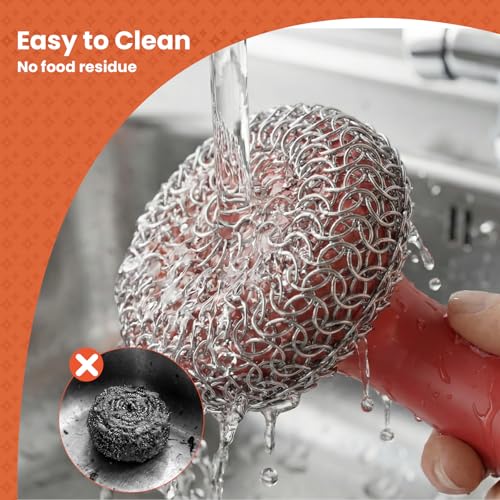 Cast Iron Scrubber with Long Handle | 316 Cast Iron Cleaner Chainmail Scrubber for Cast Iron Pan Skillet Cleaner - Dish Scouring Pad Dishwasher Safe Cleaning Kit (Red, 1 Scrubber + 1 Scraper) - color: Red, 1 Scrubber + 1 Scraper