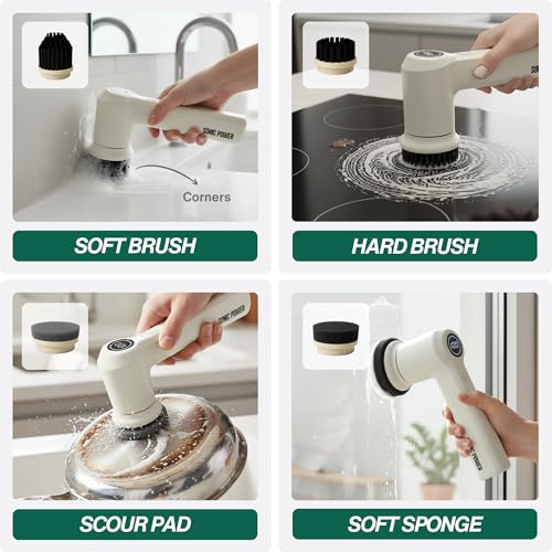 SonicPower Electric Spin Scrubber – Handheld & Ergonomic, IPX7 Waterproof, 4 Multi-Purpose Brush Heads, Long-Lasting Rechargeable Battery – Cleans Dishes, Bathroom, Tile, Grout & Kitchen (Beige) - color: Beige