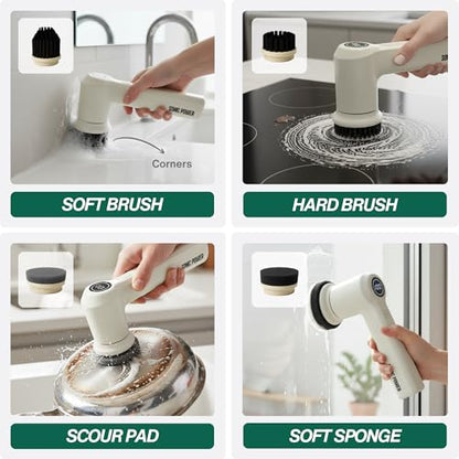 SonicPower Electric Spin Scrubber – Handheld & Ergonomic, IPX7 Waterproof, 4 Multi-Purpose Brush Heads, Long-Lasting Rechargeable Battery – Cleans Dishes, Bathroom, Tile, Grout & Kitchen (Beige) - color: Beige