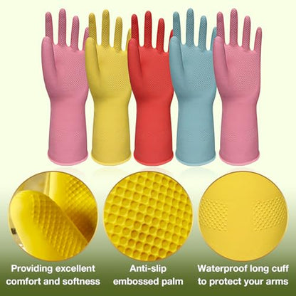 Rubber Cleaning Gloves 5 Pairs Kitchen Dishwashing Gloves Reusable for Household Washing Dishes Cleaning Gardening, Non-Slip Water Resistant Dish Gloves for Women Men Medium - size: Medium
