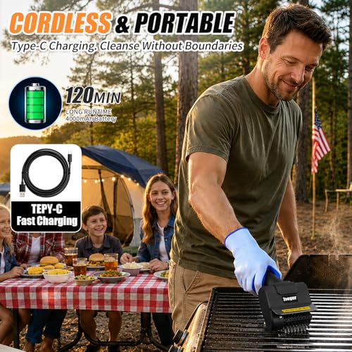 Upgraded Electric Grill Brush, High Torque 2-in-1 Kit Power BBQ Cleaning Brush Cordless Rechargeable 120Mins Runtime Grill Cleaner, Splash-Proof Scrubber for Porcelain Cast Iron Stainless Steel