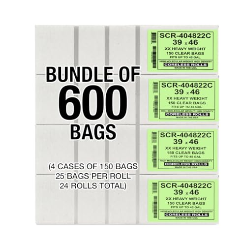 Aluf Plastics 45 Gallon 22 Micron (eq) Premium Clear Trash Bags - 39" x 46" For Office, Kitchen, Bathroom, Commercial, Janitorial, Industrial, & Hospitality (Pack of 600) - color: Clear, style: 45 Gal, 22 Micron Equiv, 600 Count