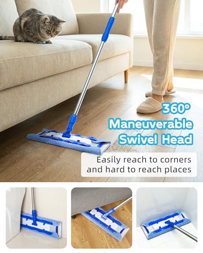 MR.SIGA Professional Microfiber Mop for Hardwood, Laminate, Tile Floor Cleaning, Stainless Steel Telescopic Handle - 3 Reusable Flat Mop Refills and 1 Dirt Removal Scrubber Included - color: Blue