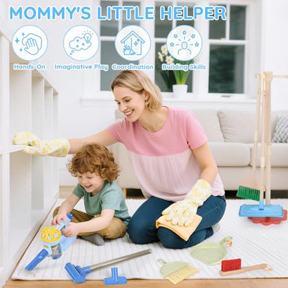 Dreamon Wooden Toddler Cleaning Set - 11Pcs Kids Cleaning Toy Set with 3-in-1 Kids Vacuum that Really Works, Montessori Cleaning Toys with Broom and Mop Set for Toddlers Girls Boys Age 3-6