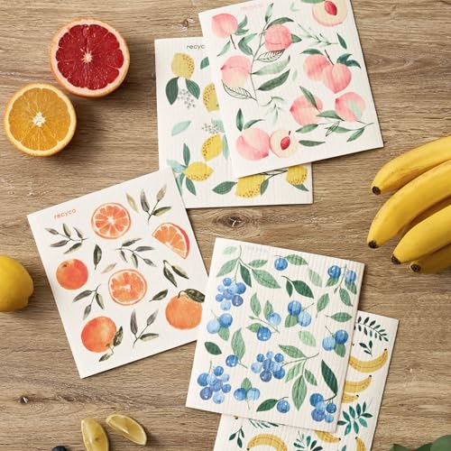 RECYCO Swedish Dishcloths for Kitchen | 5 Pack Washable Dish Rags | Cellulose Reusable Cleaning Paper Towels | Absorbent Counter Dish Cloth Sponge Kitchen Wipes, 8" L x 7" W - color: Fruitful Foliage-5 Pack